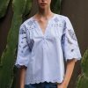 Rose and Rose Delphinium Top in Banker Blue with cutwork embroidery