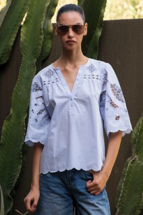 Rose and Rose Delphinium Top in Banker Blue with cutwork embroidery