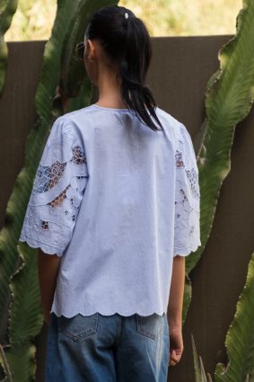 Rose and Rose Delphinium Top in Banker Blue with cutwork embroidery