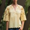 Rose and Rose Delphinium Top in Buttermilk with cutwork embroidery