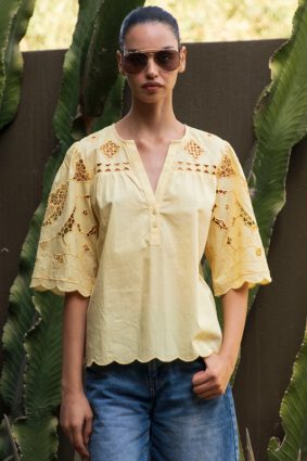 Rose and Rose Delphinium Top in Buttermilk with cutwork embroidery