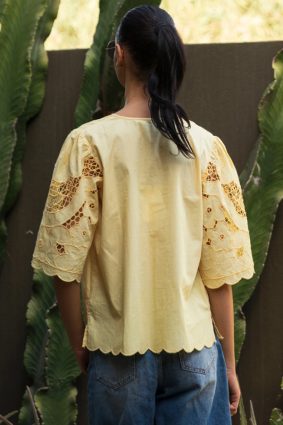 Rose and Rose Delphinium Top in Buttermilk with cutwork embroidery