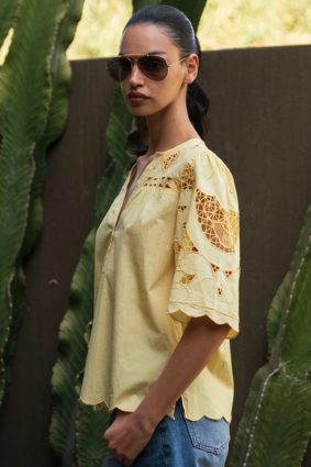 Rose and Rose Delphinium Top in Buttermilk with cutwork embroidery