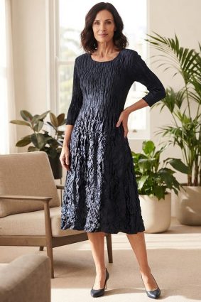 Alquema 3/4 Sleeve Smash Pocket Dress in Glossy Ink featuring fine bodice pleats and crushed skirt