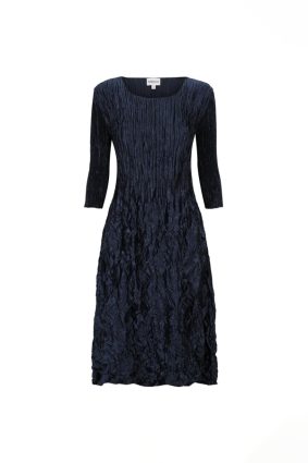 Alquema 3/4 Sleeve Smash Pocket Dress in Glossy Ink featuring fine bodice pleats and crushed skirt