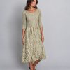 Alquema 3/4 sleeve pleated midi dress in glossy platinum with side pockets and round neckline