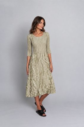 Alquema 3/4 sleeve pleated midi dress in glossy platinum with side pockets and round neckline