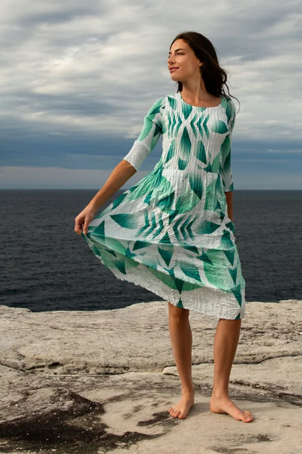Alquema 3/4 Sleeve Smash Pocket Dress Gatsby featuring fine bodice pleats and crushed skirt