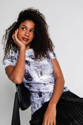 Alquema Siren Tee in Black and White Newspaper print