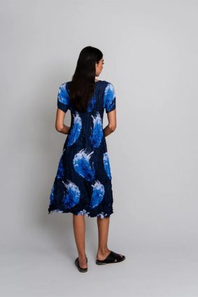 Alquema Smash Pleated Midi Dress in Blue Splash with 3/4 Sleeves and Side Pockets