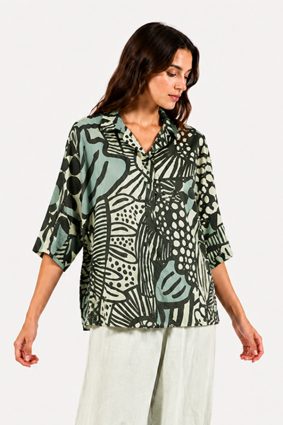 Black Label abstract print cotton blouse in black, mint, and lime