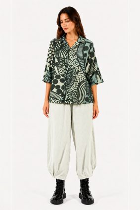 Black Label abstract print cotton blouse in black, mint, and lime
