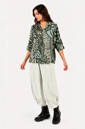 Black Label abstract print cotton blouse in black, mint, and lime