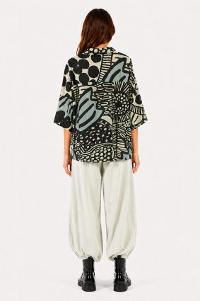 Black Label abstract print cotton blouse in black, mint, and lime