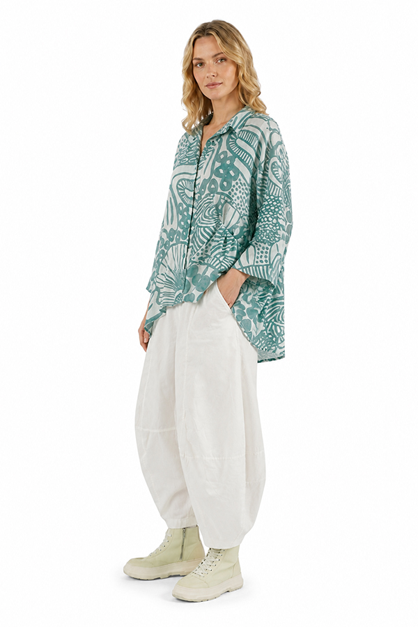 Black Label abstract print cotton blouse in soft grass green tones