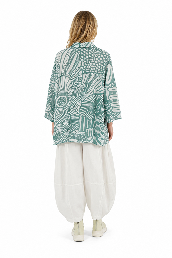 Black Label abstract print cotton blouse in soft grass green tones