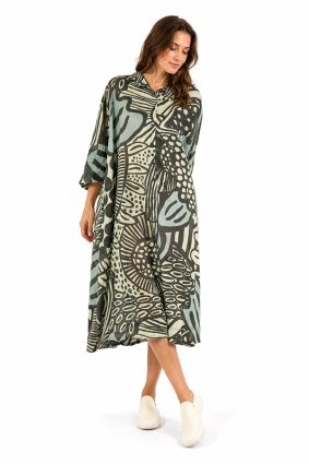Black Label abstract print cotton collar dress in black, mint, and lime