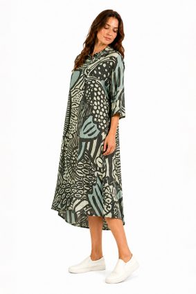 Black Label abstract print cotton collar dress in black, mint, and lime
