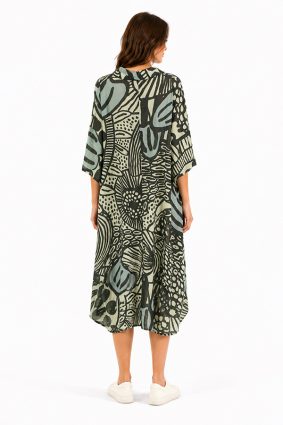Black Label abstract print cotton collar dress in black, mint, and lime