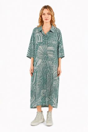 Black Label abstract print cotton collar dress in soft grass green tones