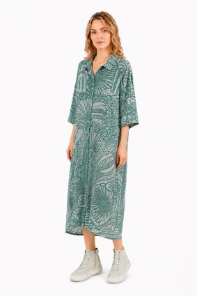 Black Label abstract print cotton collar dress in soft grass green tones