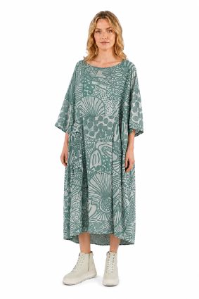 Black Label Grass Print Cocoon Dress with Wide Elbow-Length Sleeves