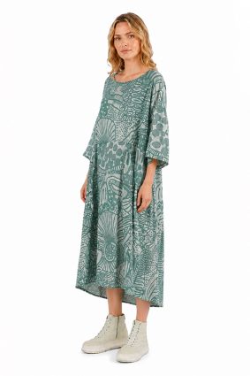 Black Label Grass Print Cocoon Dress with Wide Elbow-Length Sleeves