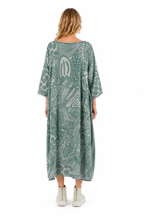 Black Label Grass Print Cocoon Dress with Wide Elbow-Length Sleeves