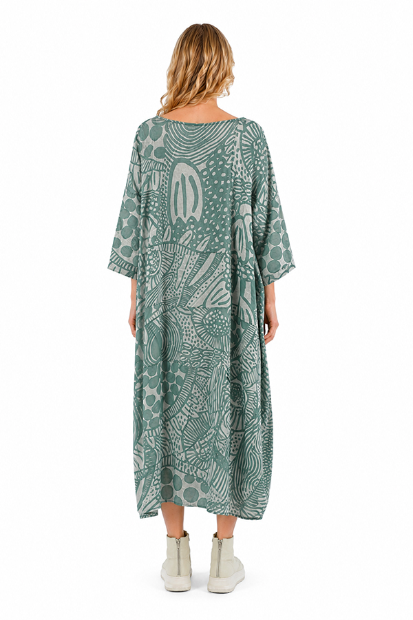 Black Label Grass Print Cocoon Dress with Wide Elbow-Length Sleeves