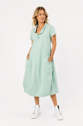Black Label Mint Ruffle Neck Dress with Cocoon Silhouette