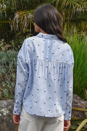 Coop Heart Line Shirt Blue with embroidered hearts and grosgrain back stripe