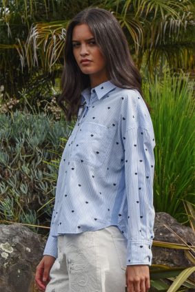 Coop Heart Line Shirt Blue with embroidered hearts and grosgrain back stripe