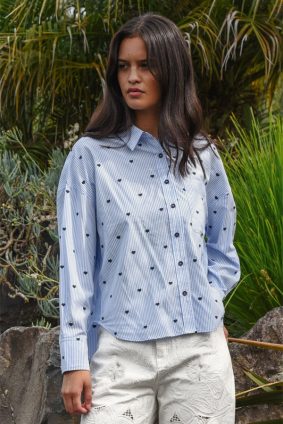 Coop Heart Line Shirt Blue with embroidered hearts and grosgrain back stripe