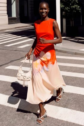 Desigual sleeveless coral and blush maxi dress with an oversized floral print
