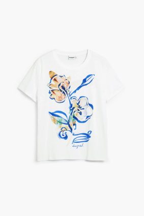 Desigual white short-sleeve tee with vibrant blue, yellow, and green floral print