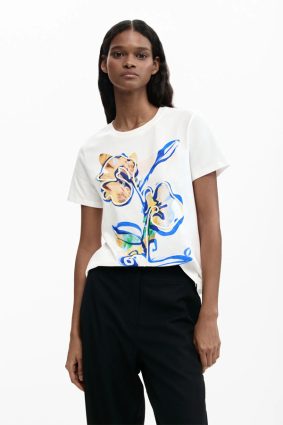Desigual white short-sleeve tee with vibrant blue, yellow, and green floral print