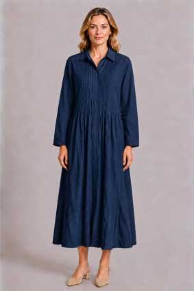 Dress Addict Cotton Printed Indigo Blue Midi Shirt Dress with Pintuck Detailing and Button