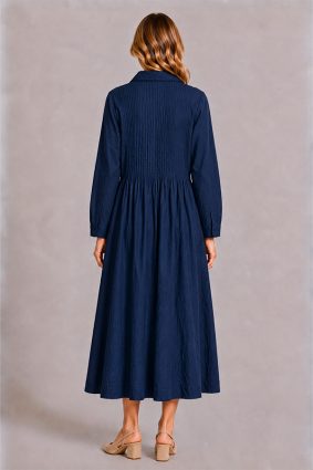 Dress Addict Cotton Printed Indigo Blue Midi Shirt Dress with Pintuck Detailing and Button