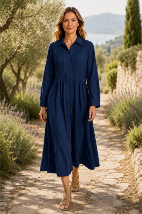 Dress Addict Cotton Printed Indigo Blue Midi Shirt Dress with Pintuck Detailing and Button