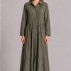 Dress Addict Cotton Printed Khaki Green Midi Shirt Dress with Pintuck Detailing and Button