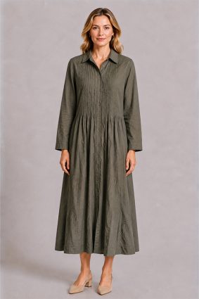 Dress Addict Cotton Printed Khaki Green Midi Shirt Dress with Pintuck Detailing and Button