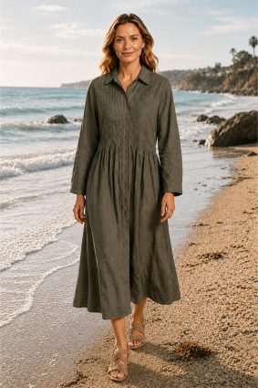 Dress Addict Cotton Printed Khaki Green Midi Shirt Dress with Pintuck Detailing and Button