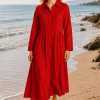 Dress Addict Cotton Printed Rouge Red Midi Shirt Dress with Pintuck Detailing and Button