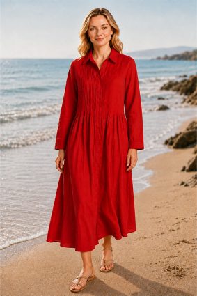 Dress Addict Cotton Printed Rouge Red Midi Shirt Dress with Pintuck Detailing and Button