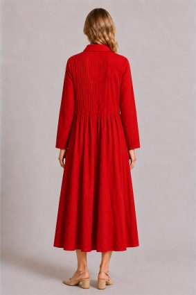 Dress Addict Cotton Printed Rouge Red Midi Shirt Dress with Pintuck Detailing and Button
