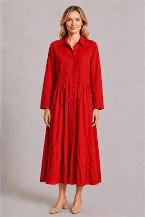 Dress Addict Cotton Printed Rouge Red Midi Shirt Dress with Pintuck Detailing and Button