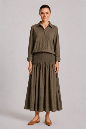 Dress Addict Cotton Printed Khaki Green Maxi Skirt with Softly Gathered Waist