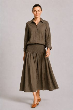 Dress Addict Cotton Printed Khaki Green Top with Button-Front Styling and Relaxed Fit