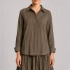 Dress Addict Cotton Printed Khaki Green Top with Button-Front Styling and Relaxed Fit