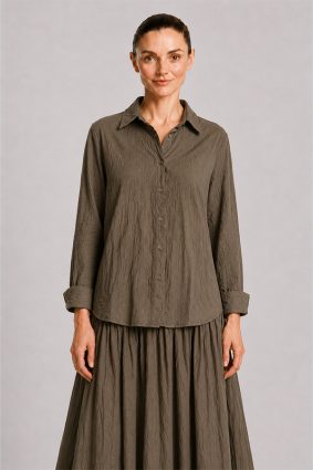Dress Addict Cotton Printed Khaki Green Top with Button-Front Styling and Relaxed Fit